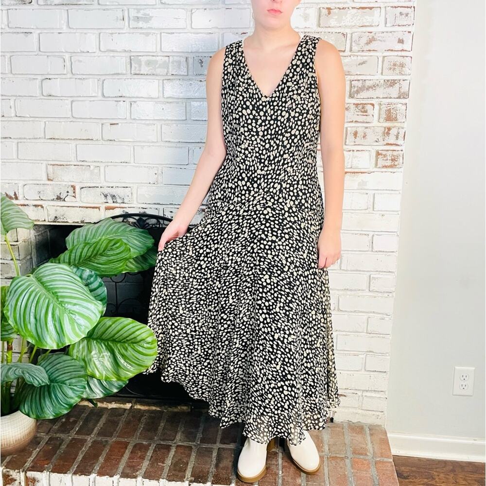 Jones New York Silk Black Cream Droplet Flowy Sleeveless  V-neck Maxi